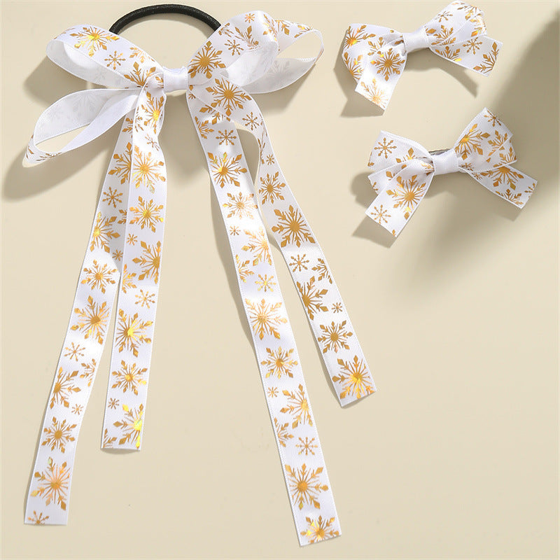 Pinzas para el pelo y gomas de pelo con diseño minimalista de lazos y copos de nieve para niños, accesorios para el pelo de tela blanca con temática navideña