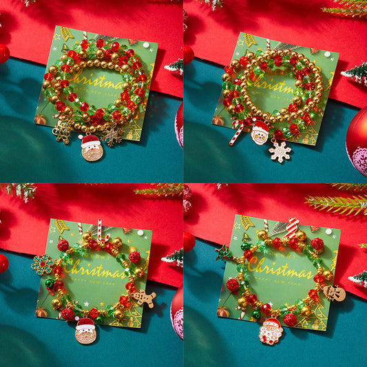 Juego de pulseras elásticas de moda con temática navideña con dijes de Papá Noel y copo de nieve, joyería artesanal para mujer de aleación de zinc para las fiestas
