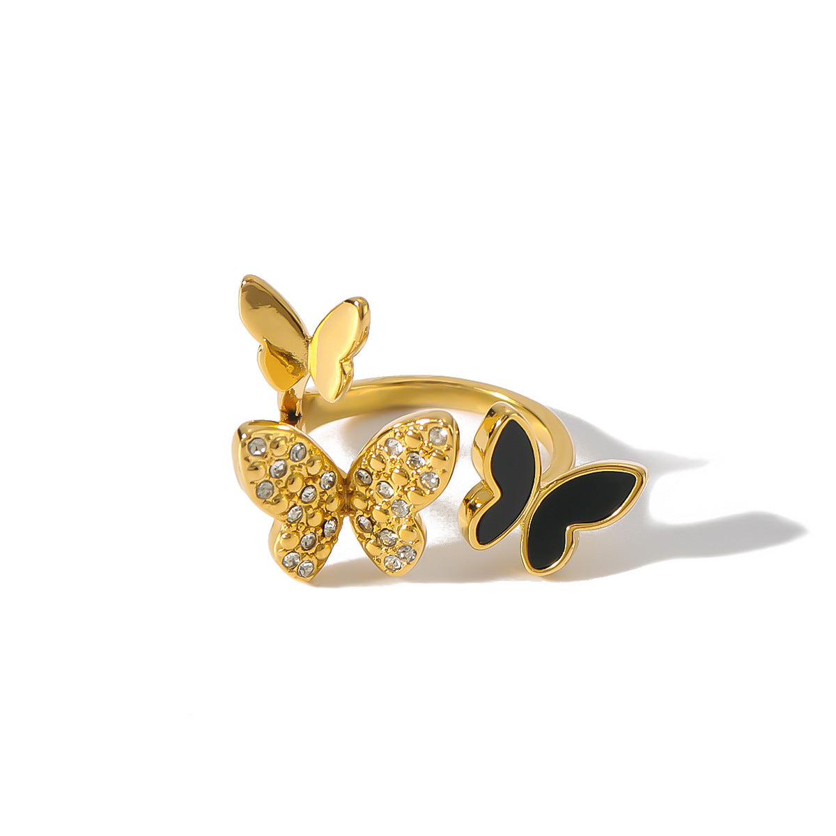 Anello regolabile a farfalla in acciaio inossidabile con intarsio in strass e finitura smaltata da donna