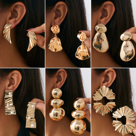 Geometric Irregular Pleated Statement Earrings for Women with Electroplated Metal Finish and Stainless Steel Posts