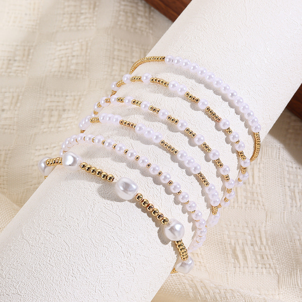 Minimalist Multi-Layer Brass Bead and Pearl Bracelet Set for Women