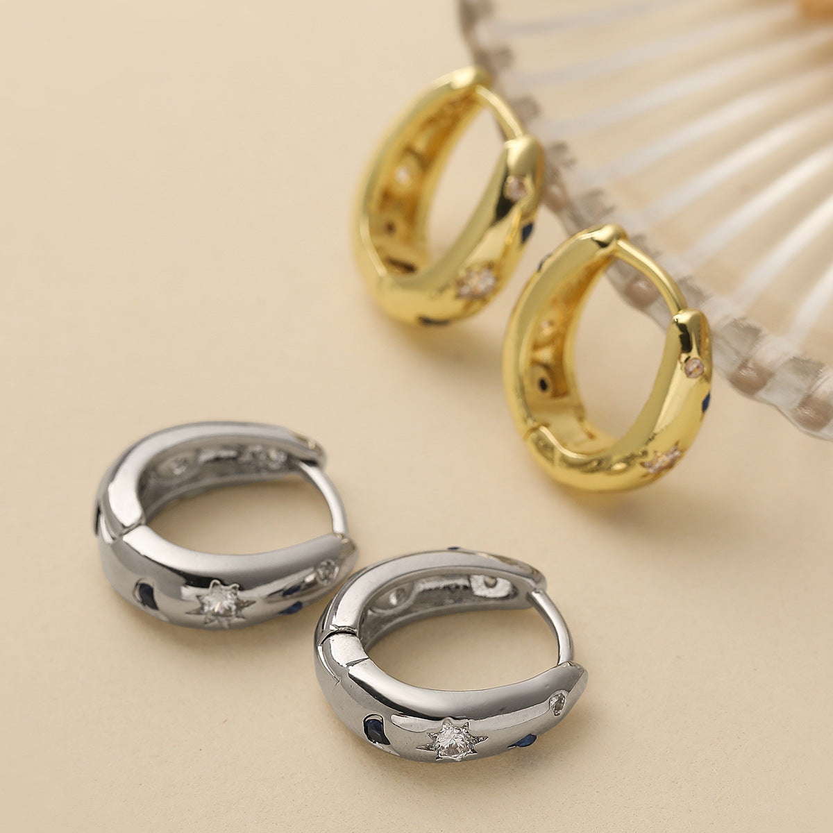 Minimalist Geometric U-Shaped Earrings for Women with Copper Base Plated in 18K Gold and Micro-Paved Zirconia
