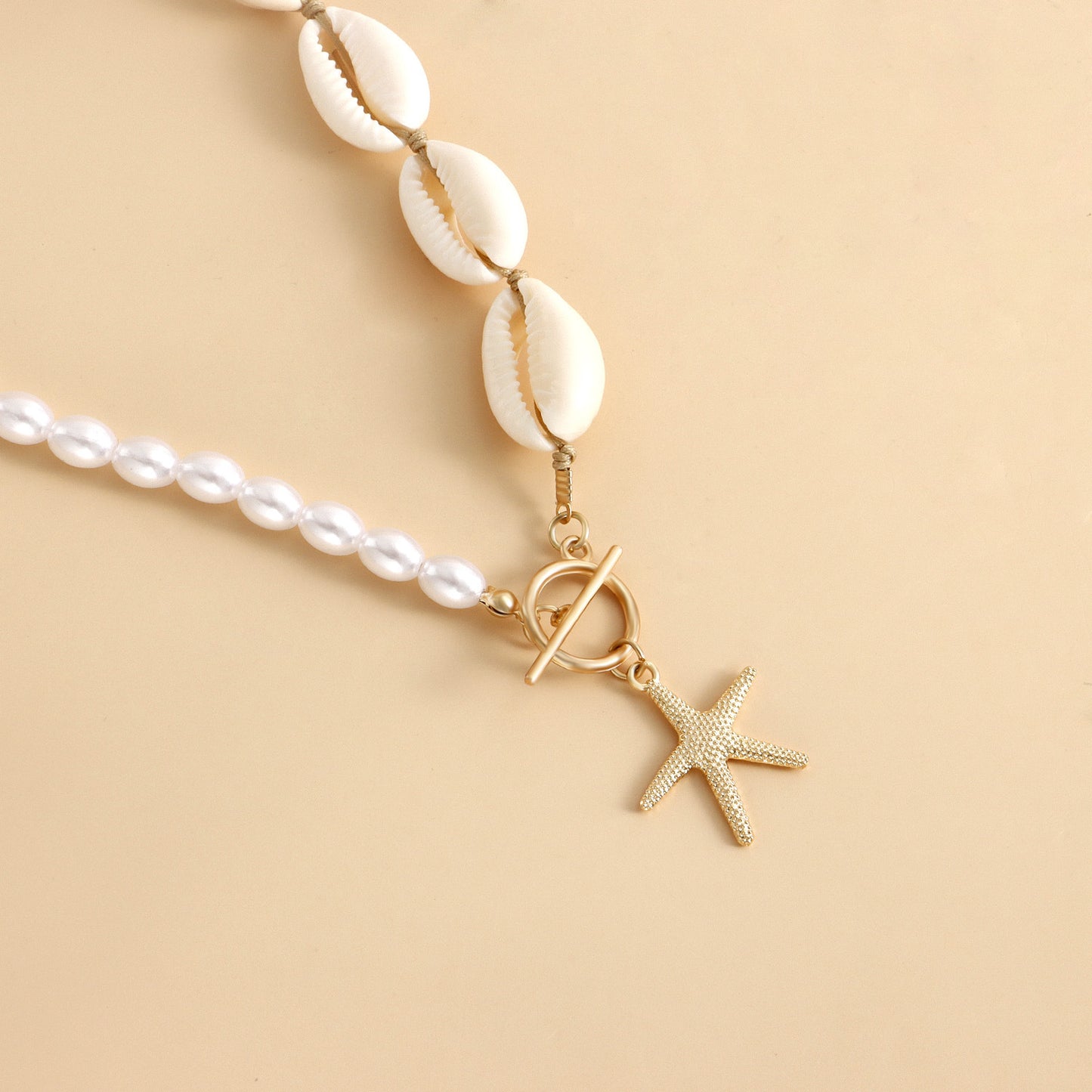 Handwoven Beach Style Alloy Starfish Pendant Necklace for Women with Shell Motif and Electroplated Finish