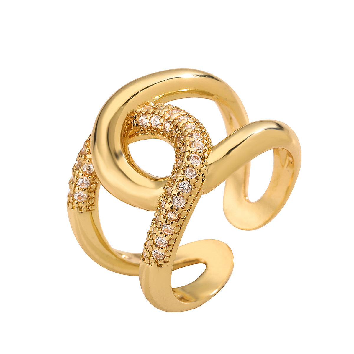 Minimalist Geometric Open Ring for Women in Copper with 18K Gold Plating and Micro-Paved Zirconia