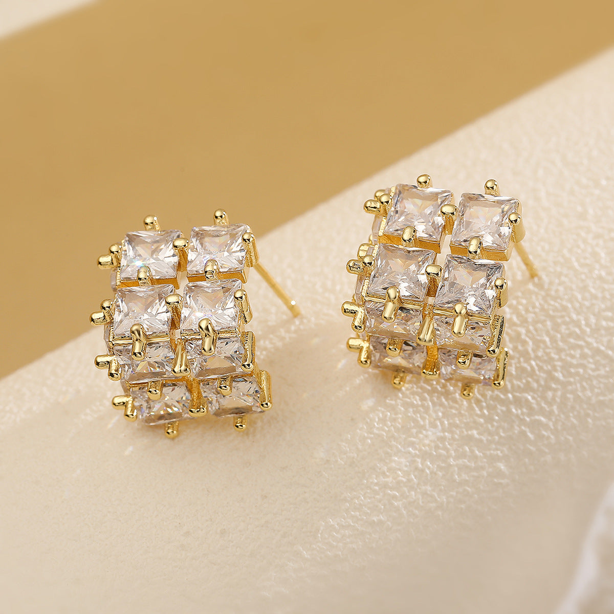 Minimalist Geometric Copper Stud Earrings with Micro-Pave Zirconia for Women