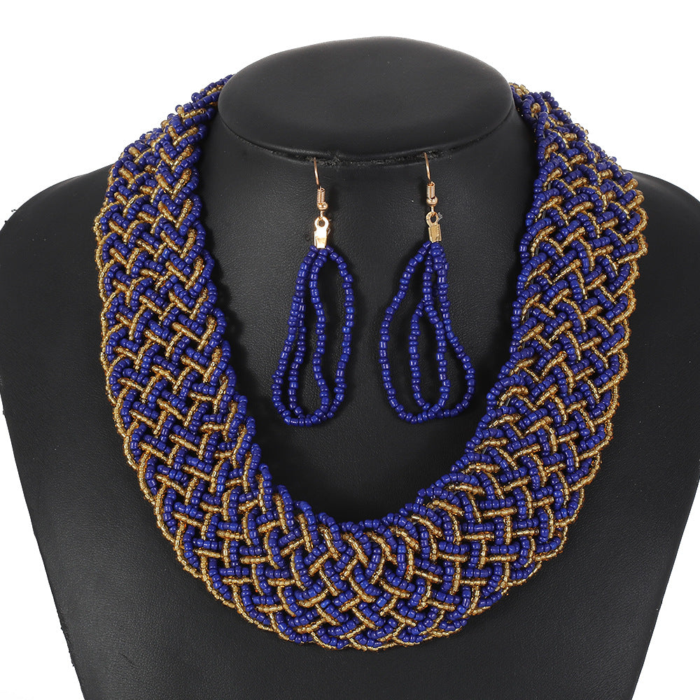 Bohemian Style Braided Rope Resin Necklace Set with Mesh Pattern and Hand-Strung Beads for Women