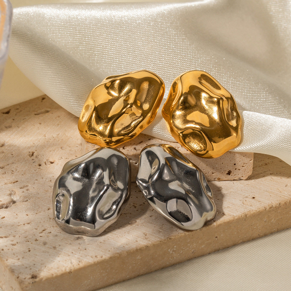 Irregular Geometric Stainless Steel Earrings for Women with 18K Gold Plating, Hypoallergenic Hammered Texture Design