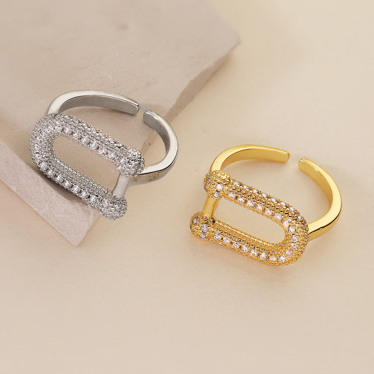 Geometric Open Ring for Women Made of Brass with 18K Gold Plating and Zircon Inlay, Fashionable Minimalist Statement Ring