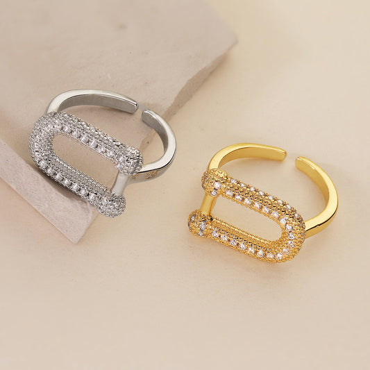 Geometric Open Ring for Women Made of Brass with 18K Gold Plating and Zircon Inlay, Fashionable Minimalist Statement Ring