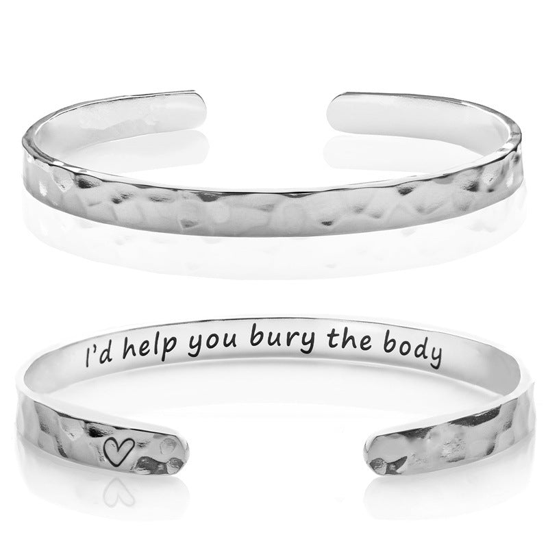 Minimalist Stainless Steel Engraved Open Moon Surface Textured Hammered Bracelet