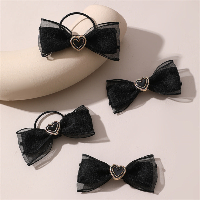 Set di 4 Fermagli per Capelli con Fiocco Nero per Bambine, Dolce e Audace, con Rete e Design a Cuore, Collezione di Accessori per Capelli