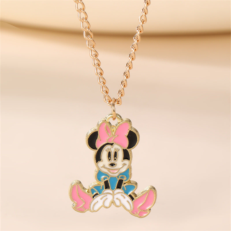 Cartoon Minnie Mouse and Mickey Mouse Resin Pendant Necklace with Bowknot Shape, Enamel Finish, Round Bead Chain, for Kids and Children