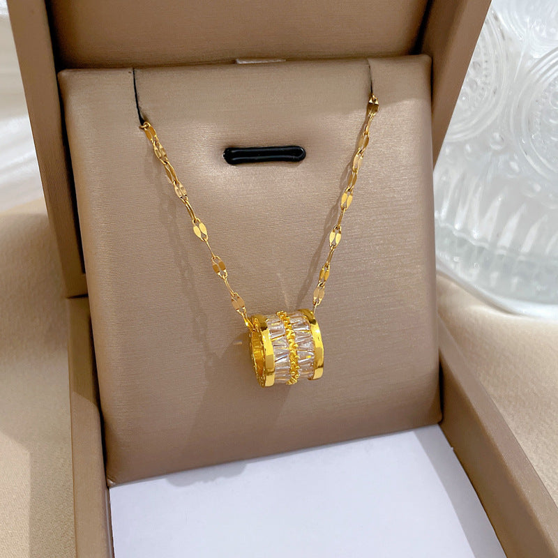 Minimalist Geometric Titanium Steel Plated Necklace for Women with Interlocking Double Ring Pendant and Lip Chain