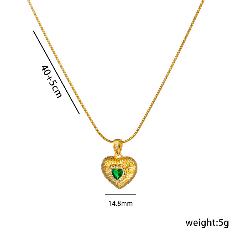Ins Style 18K Gold Plated Heart Pendant Necklace with Emerald Zircon Inlay on Titanium Steel Snake Chain