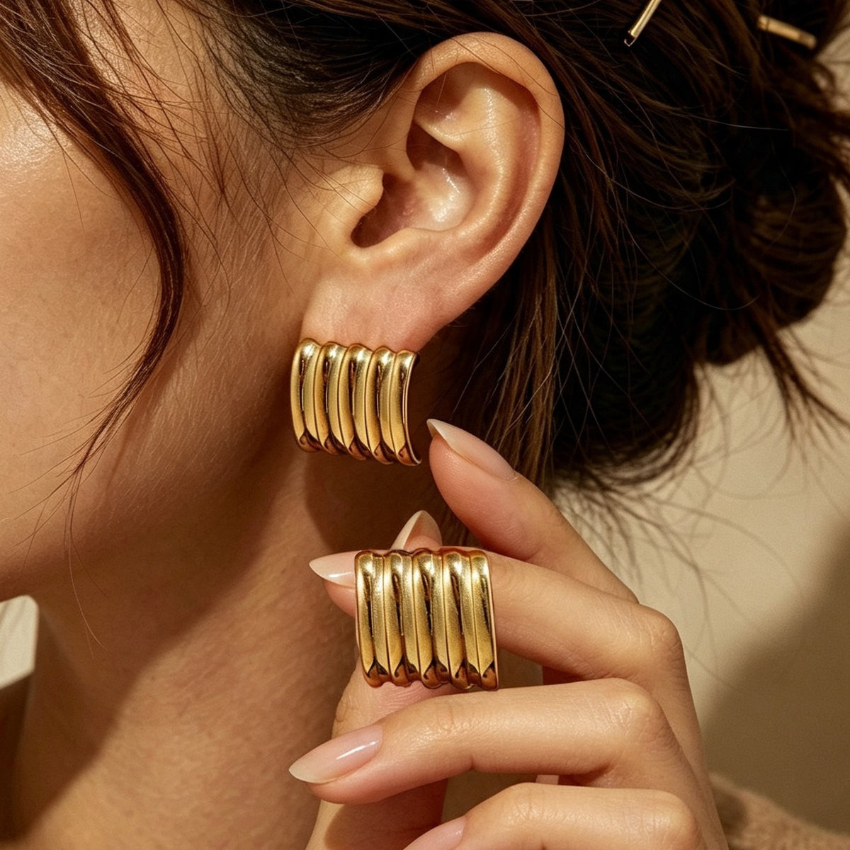 Minimalist 18K Gold Plated Stainless Steel Square Geometric Striped Earrings for Women