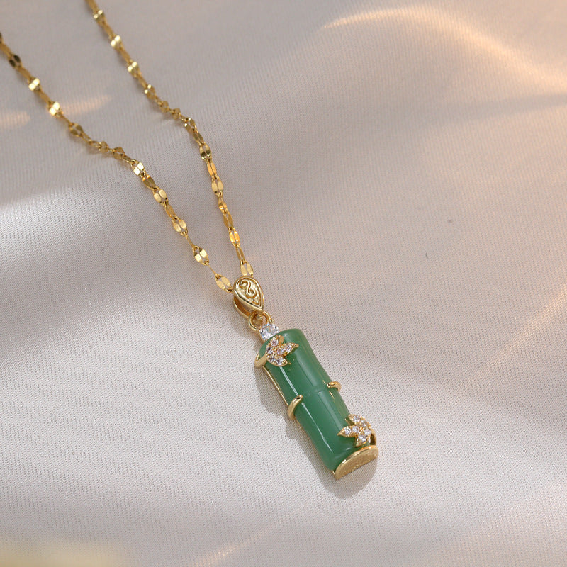 Minimalist Bamboo-Shaped Titanium Steel Pendant Necklace with Gold Plating, Geometric Design, O-Chain, Elegant Locket Style