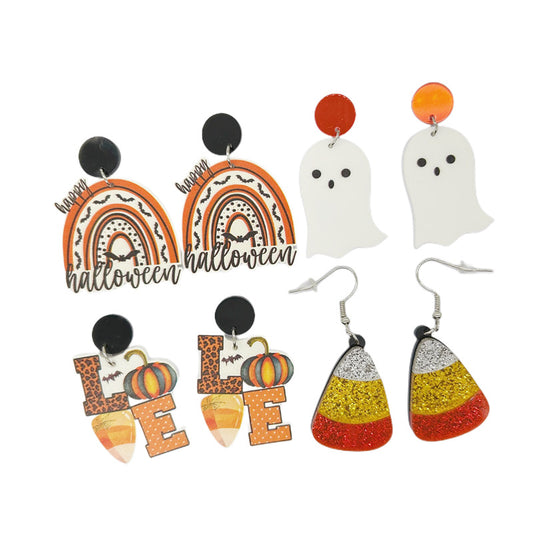 Cute Halloween Ghost and Pumpkin Acrylic Cartoon Earrings with Printed Design for Women