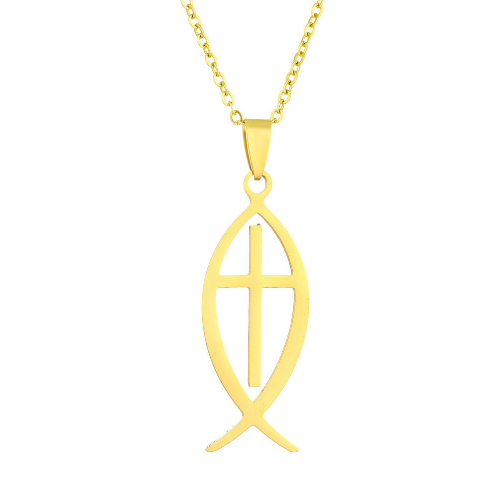 Collana con Pendente a Croce a Forma di Pesce Intagliato alla Moda in Acciaio Inossidabile con Finitura Placcata, Unisex