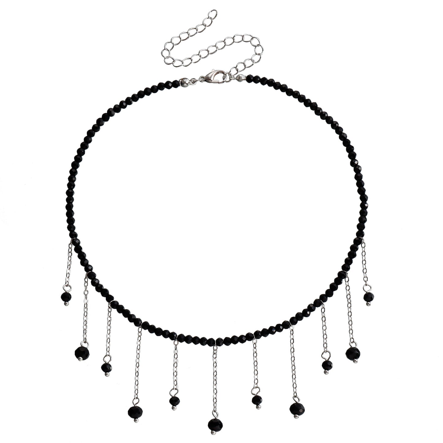Vintage Black Beaded Tassel Crystal Pendant Choker Necklace for Women with Geometric Design and Electroplated Alloy Accents