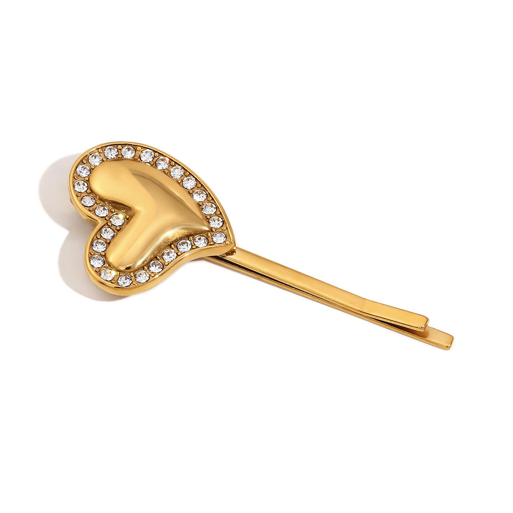 Minimalist Irregular Heart-Shaped Stainless Steel Hair Clip with 18K Gold Plating and Rhinestone Inlay for Women