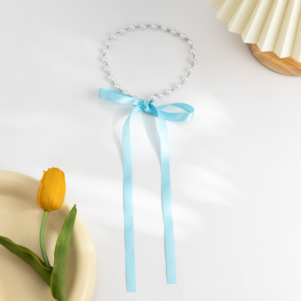 Vintage Sweet Geometric Pearl Plated Ball Chain Choker Necklace with Bowknot Charm Bar for Women