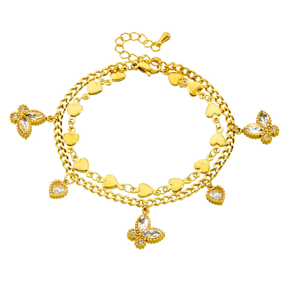 Fashion Stainless Steel Heart Butterfly Rhinestone Plated Bracelet for Women