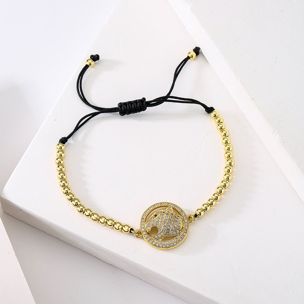 Minimalist Geometric Leopard Charm Adjustable Drawstring Bracelet for Women in Brass with 18K Gold Plating and Zircon