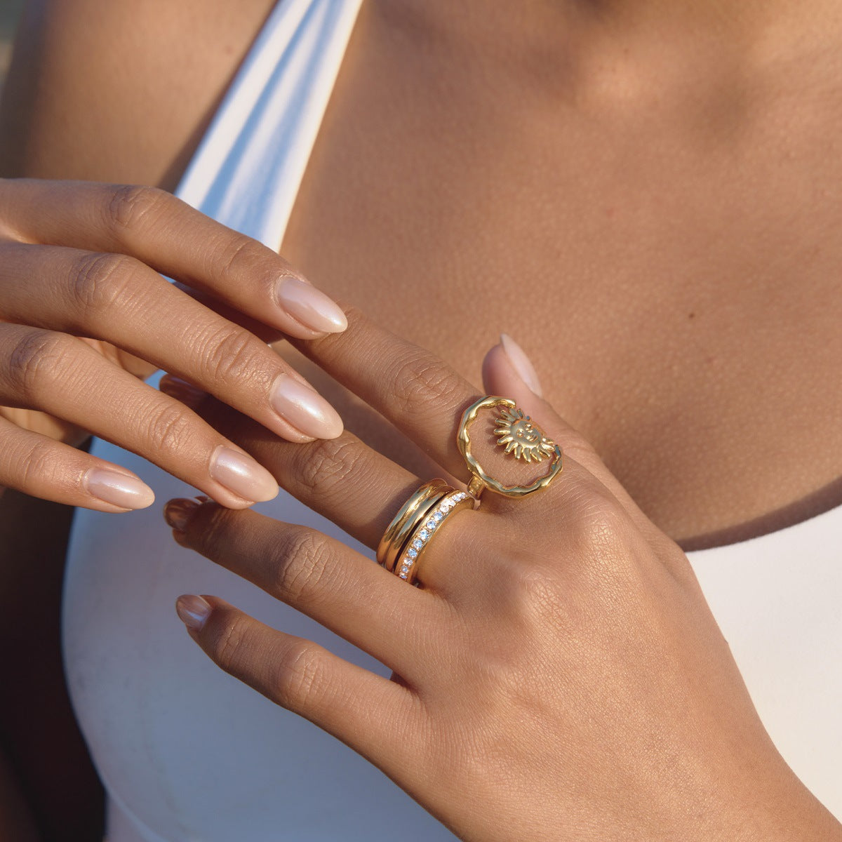 18K Gold Plated Geometric Sun Stainless Steel Ring for Women