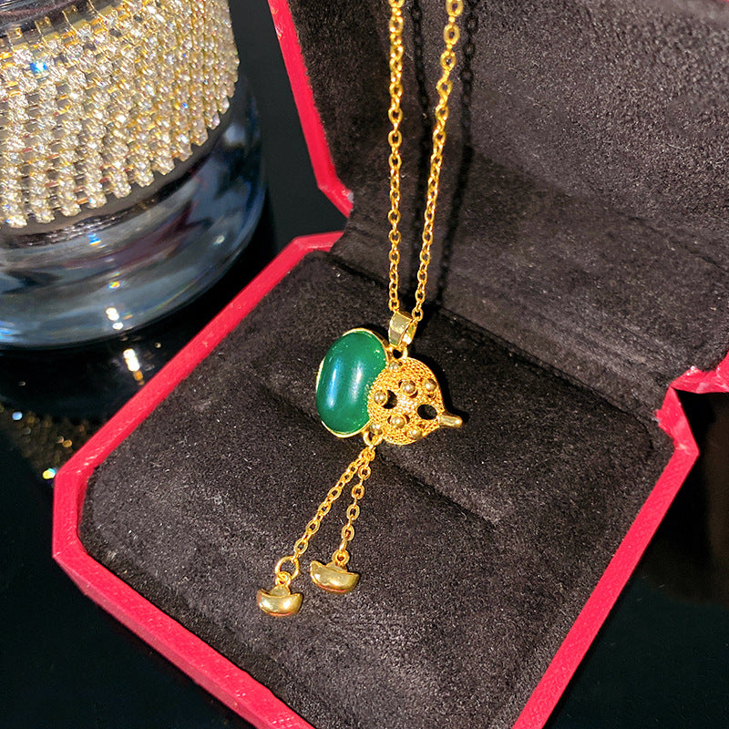 Sweet Minimalist Gourd Brass Pendant with Cubic Zirconia Inlay Titanium Steel Necklace for Women