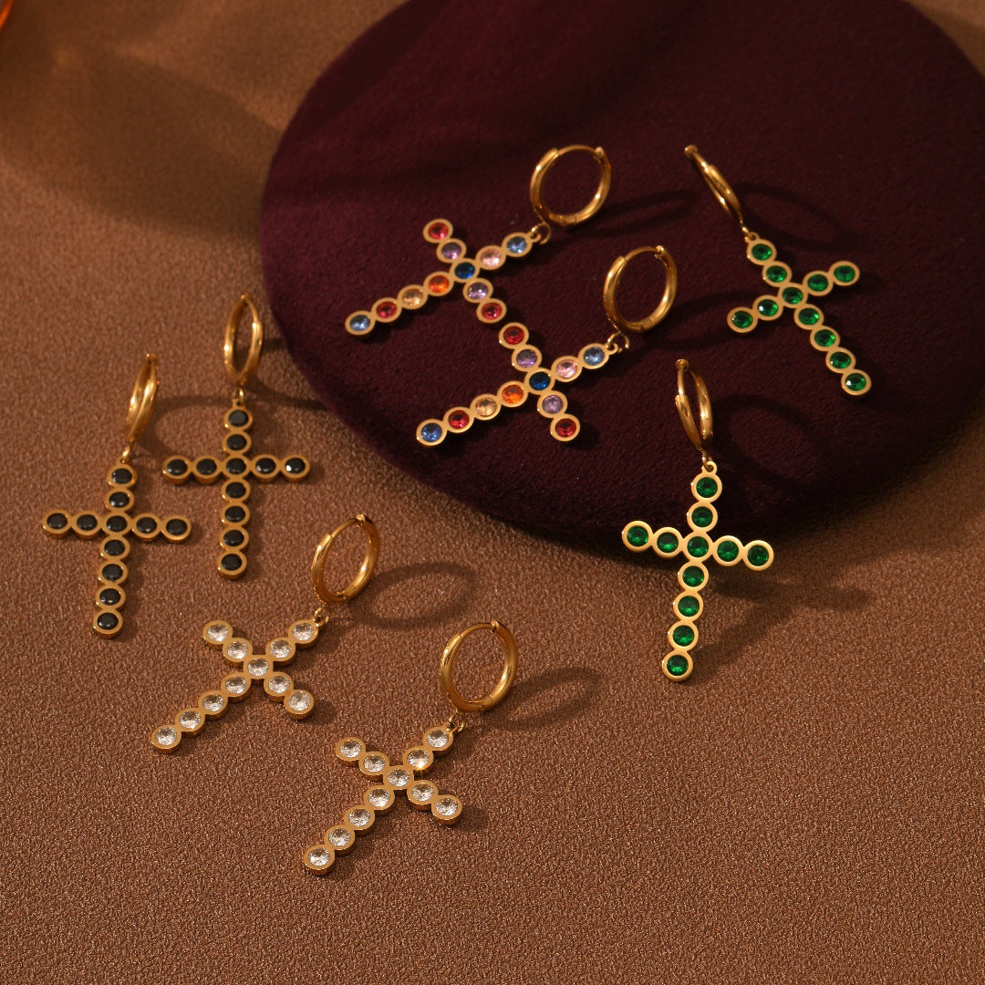 Elegantes pendientes de acero inoxidable con forma de cruz para mujer, con acabado chapado e incrustaciones de pedrería de colores