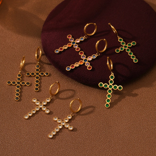 Fashionable Cross-Shaped Stainless Steel Earrings for Women with Plated Finish and Colorful Rhinestone Inlay