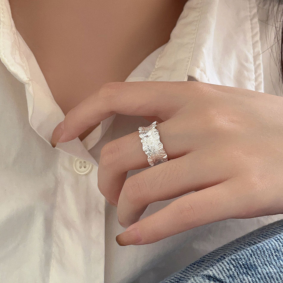 Minimalist Irregular French Style Ring for Women in 925 Sterling Silver with Wave Texture