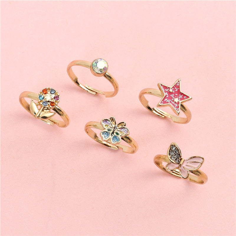 Cartoon Butterfly Floral Alloy Ring Set for Kids with Enamel Finish and Rhinestone Inlay