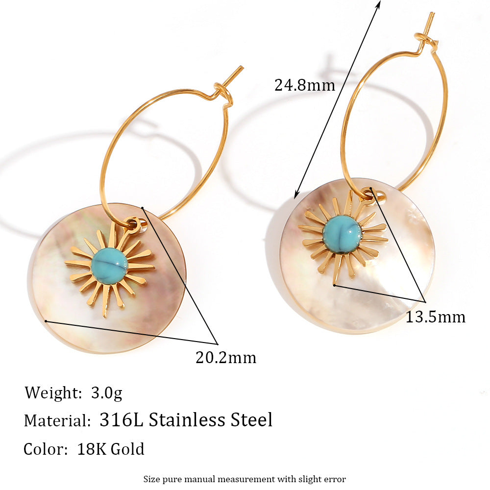 Fashionable Oval Stainless Steel Earrings with 18K Gold Plating and Hammered Texture Natural Stone for Women