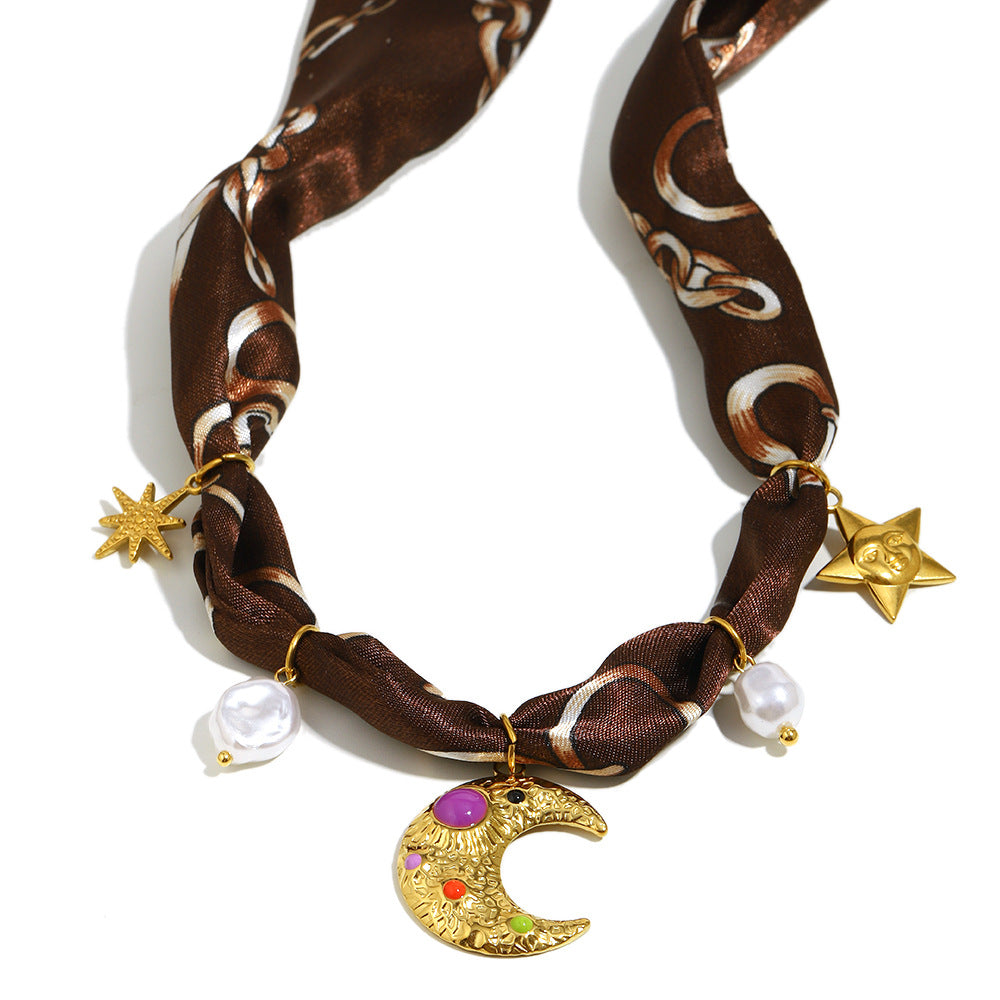 Collana da donna a sciarpa in seta con luna e stella placcata oro 18 carati in acciaio inossidabile geometrico minimalista