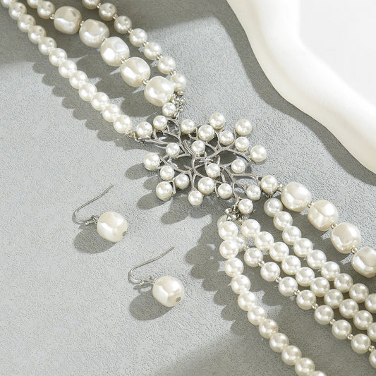 Conjunto de collar y pendientes de moda geométrica para mujer, colgante de aleación con incrustaciones de perlas, formas redondas, ovaladas y de anillo, para oficina, estilo minimalista
