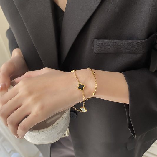 Bracciale Minimalista a Doppio Strato con Quadrifoglio, Acciaio al Titanio Placcato Oro 18K, Gioielli da Donna