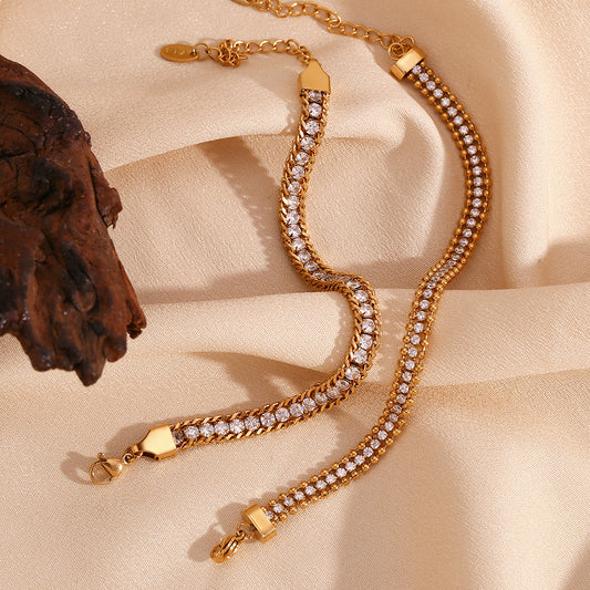 Pulsera para mujer de circonitas con triple trenzado y cuentas, de acero inoxidable chapado en oro de 18 quilates, de diseño geométrico a la moda