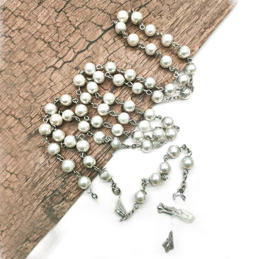 Vintage Cross Pendant Alloy Ball Chain Necklace with Imitation Pearl Beads Unisex Jewelry