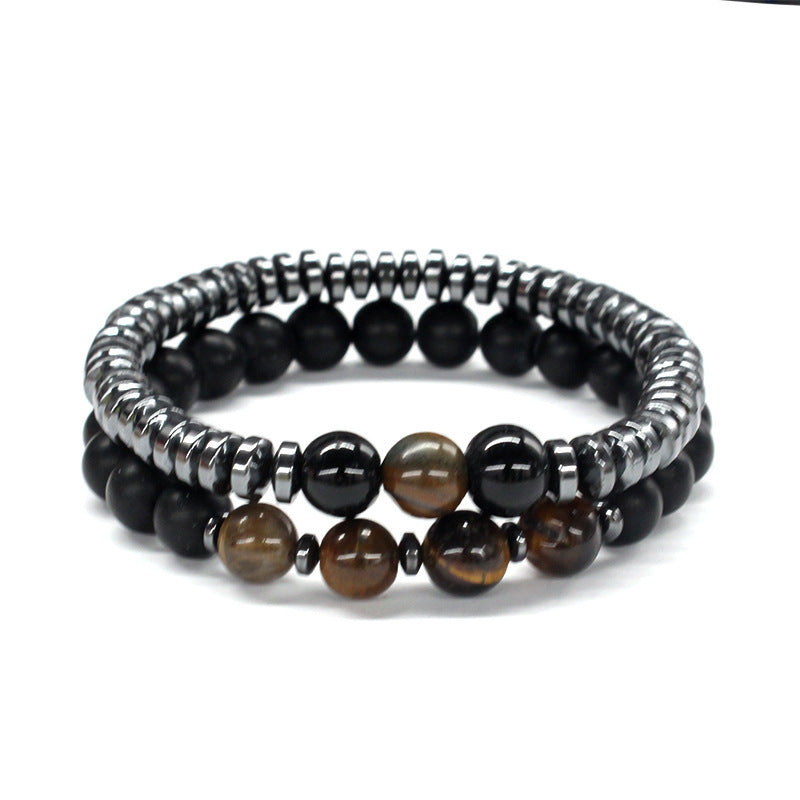 Minimalist Men's Black Stone Beaded Bracelet Handmade Natural Stone Strand