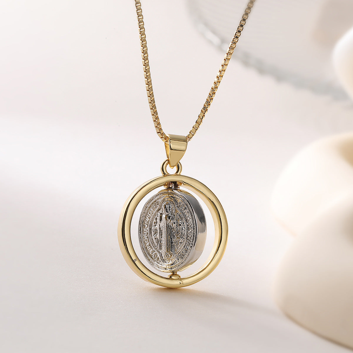 Vintage Two-Tone Plated Geometric Brass Pendant Necklace for Women