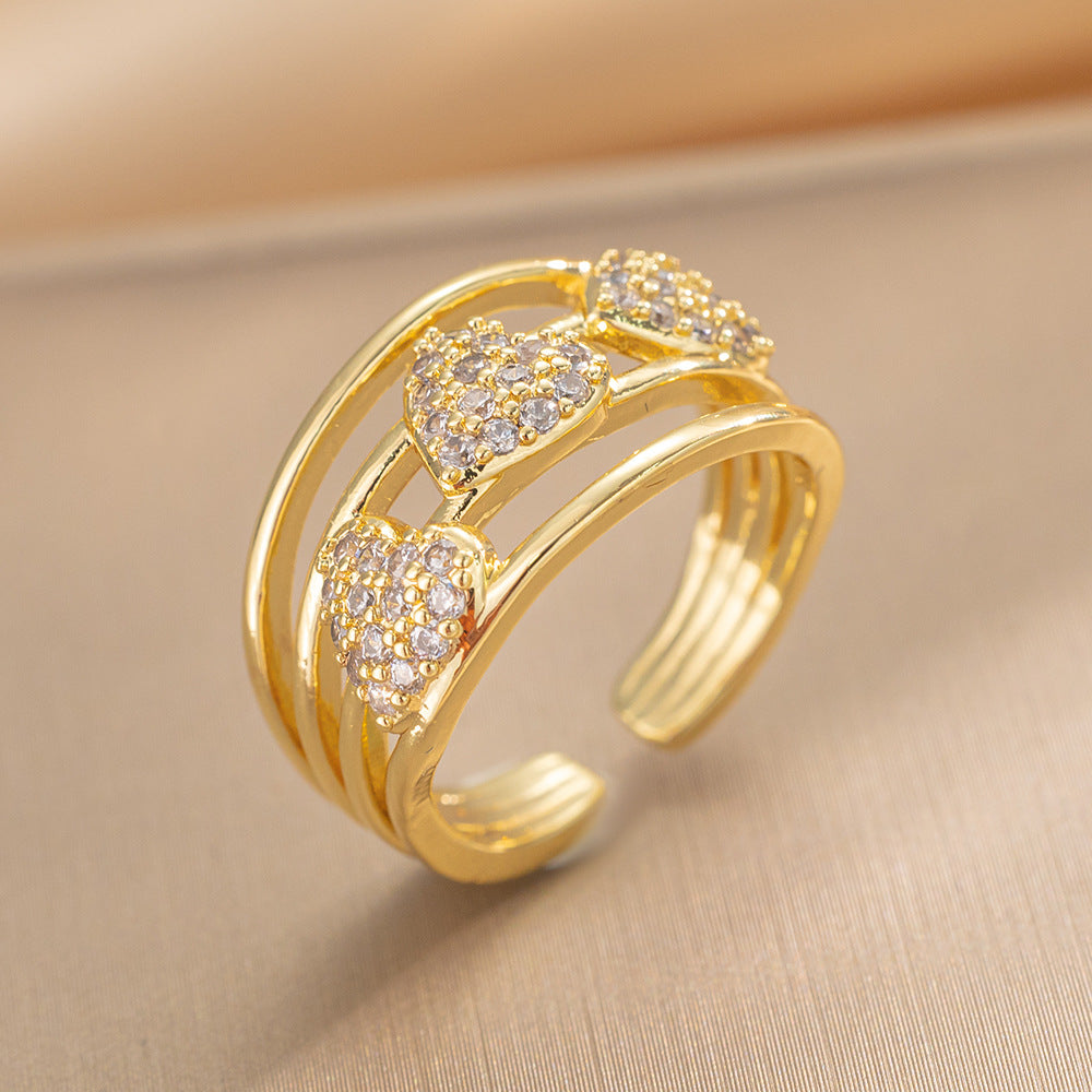 Luxury Minimalist Adjustable Open Ring for Women with Gold-Plated Copper Band and Zircon Stone Accent in Heart and Floral Shape