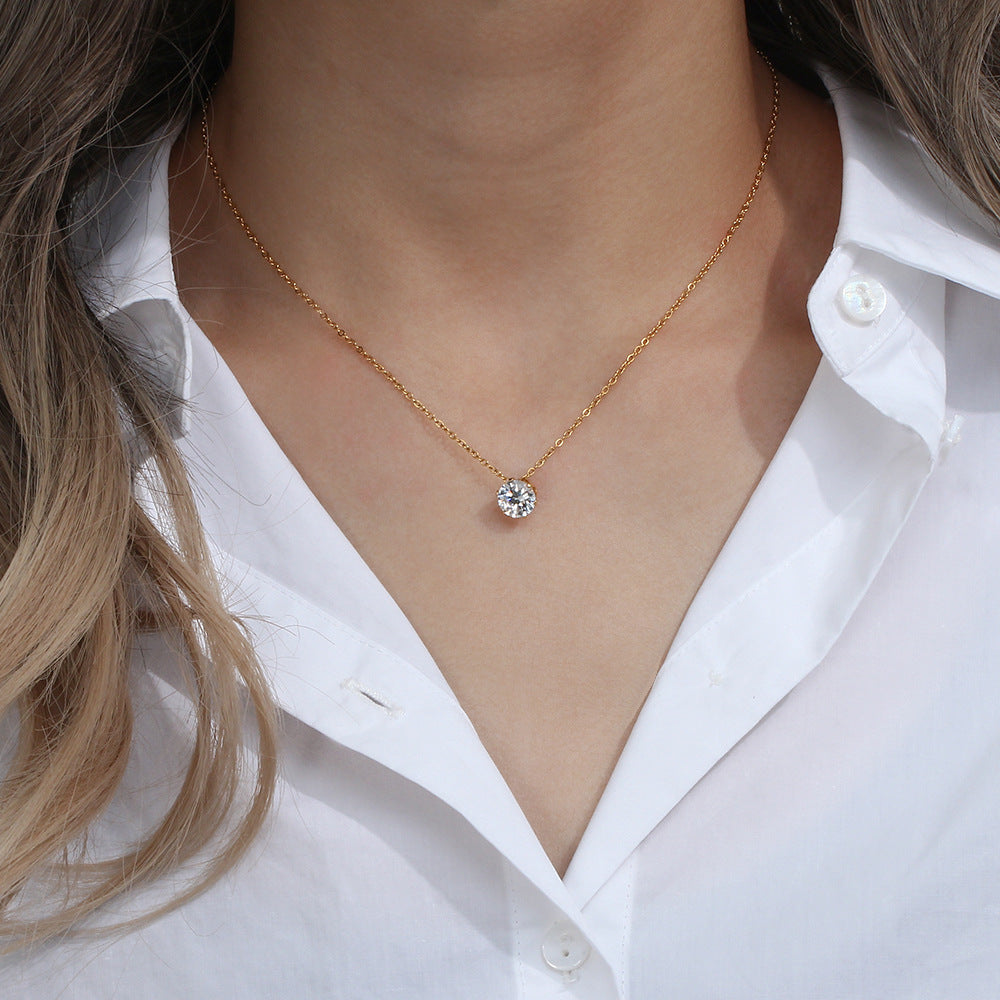 Fashionable OL Style Geometric Crown Pendant Necklace in Stainless Steel with White Zirconia and Plated Finish