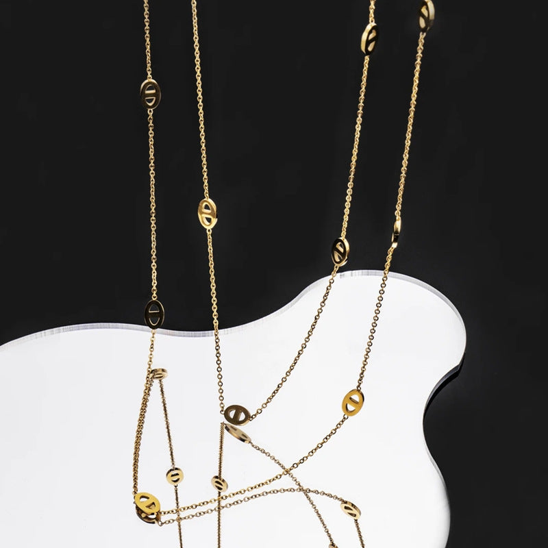 Minimalist Luxury Double Layer Pig Nose Titanium Steel Necklace for Women Long Sweater Chain