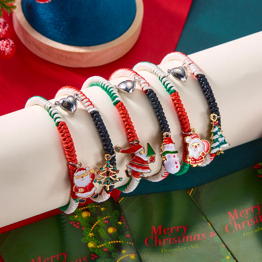 Christmas-Themed Women's Braided Bracelet with Santa Claus and Christmas Tree Pendant in Alloy, Festive Holiday Jewelry