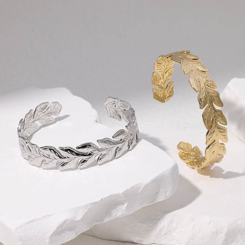 Natural Style Leaf-Shaped Titanium Steel Bracelet with Adjustable Opening and Electroplated Finish
