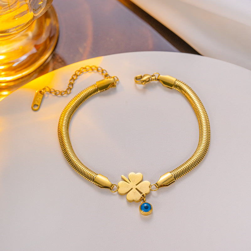 Bracciale a catena a serpente in acciaio al titanio placcato oro 18 carati con cuore e occhio blu per donna, moda OL