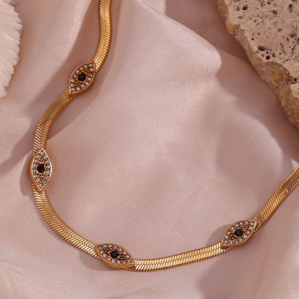 Fashionable Evil Eye Pendant Necklace in Stainless Steel with 18K Gold Plating and Rhinestone Inlay, Geometric Design on Blade Chain for Women