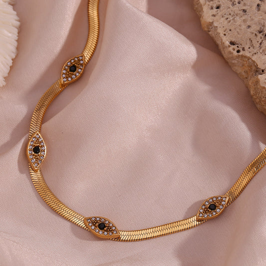 Collana alla Moda con Ciondolo Occhio di Allah in Acciaio Inossidabile, Placcata Oro 18K e Intarsiata con Strass, Design Geometrico su Catena a Maglie per Donna