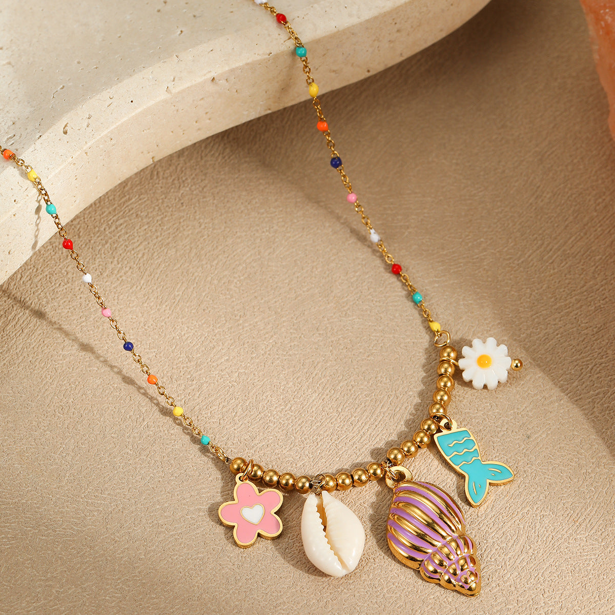 Fashionable Minimalist Geometric Seashell Pendant Necklace in Stainless Steel with Plated Finish and Dopamine Color Accents for Women